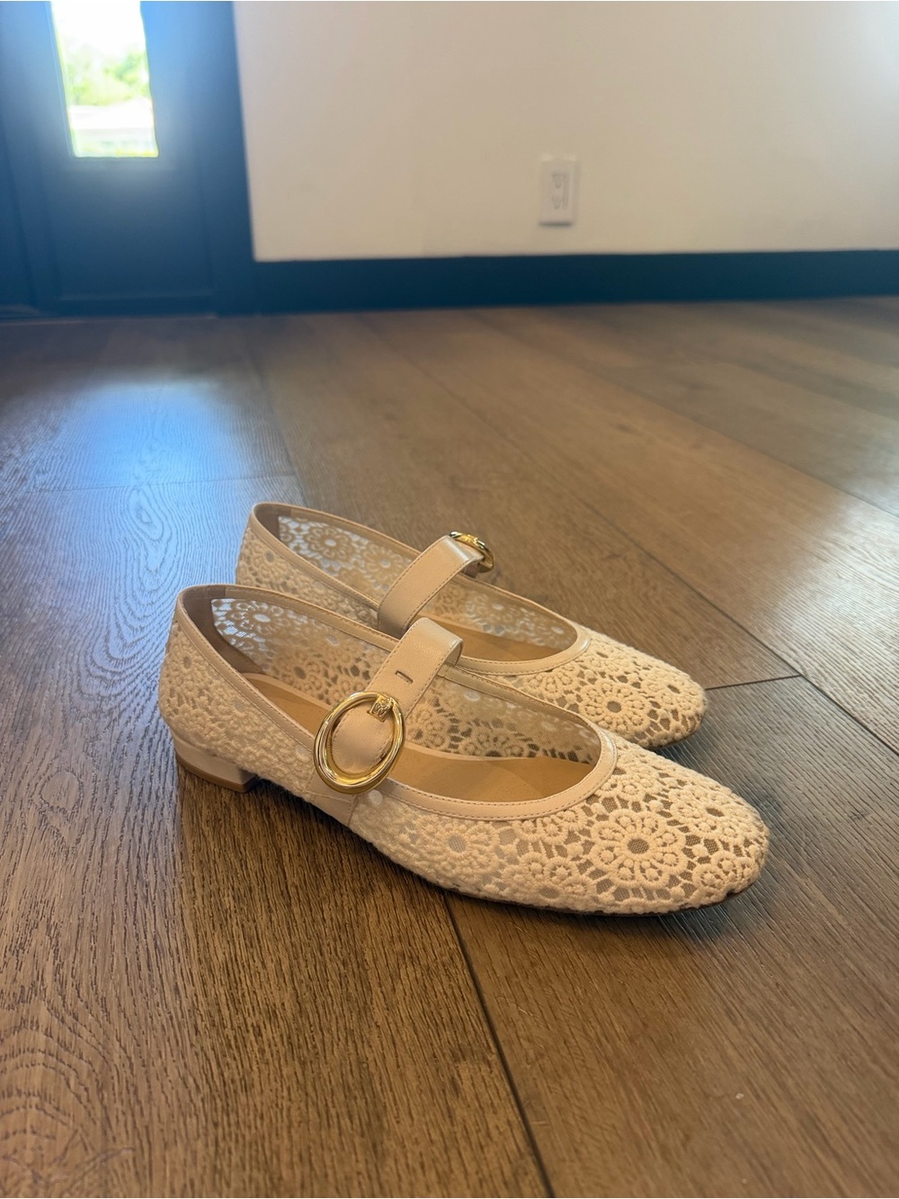 Stuart Weitzman Arabella Cream Lace Mary Jane Ballet Flats with Gold Buckle